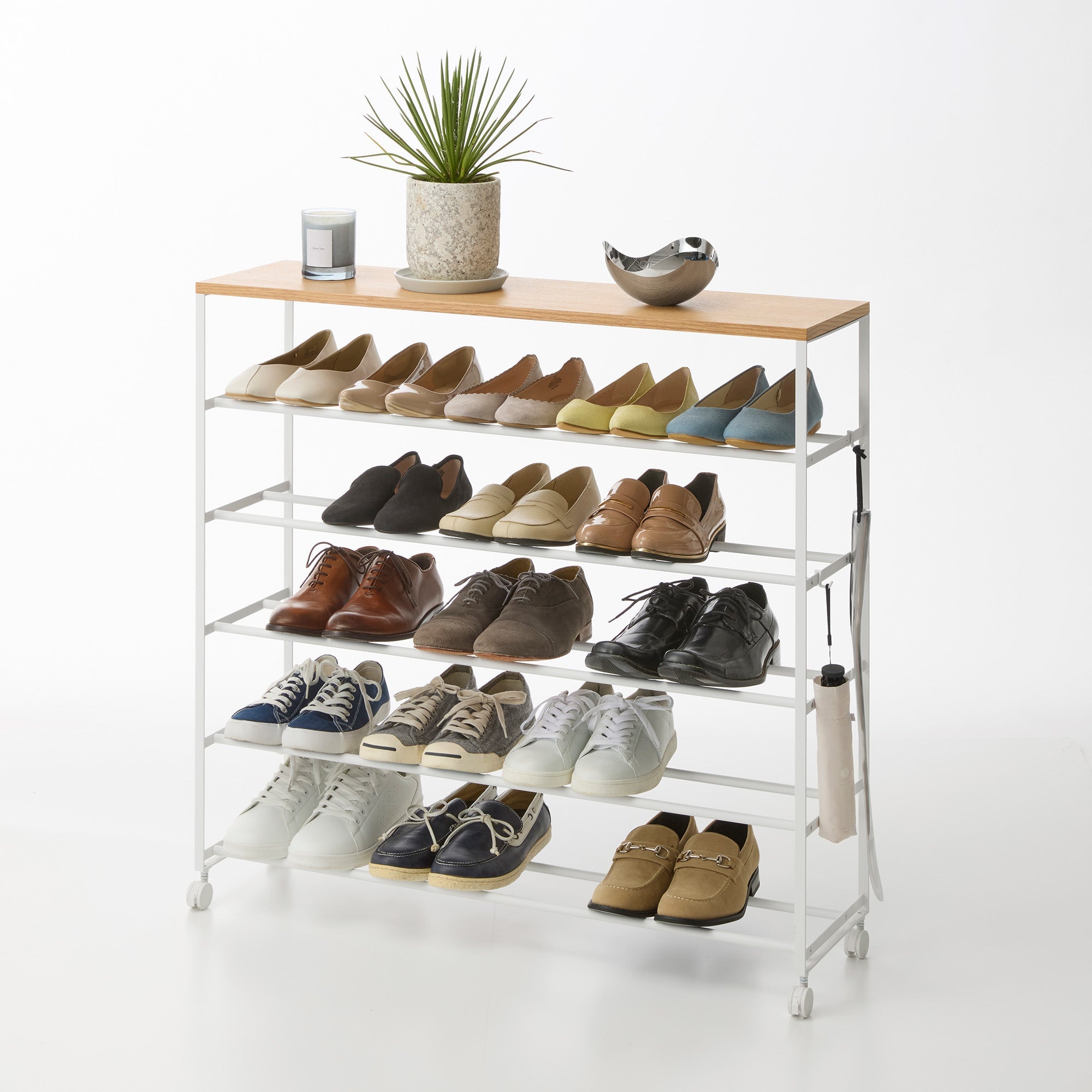 Rolling Five-Tier Shoe Rack (34.25" H)  - Steel + Wood