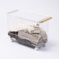 Rolling Wire Basket (15" H)  - Steel + Wood